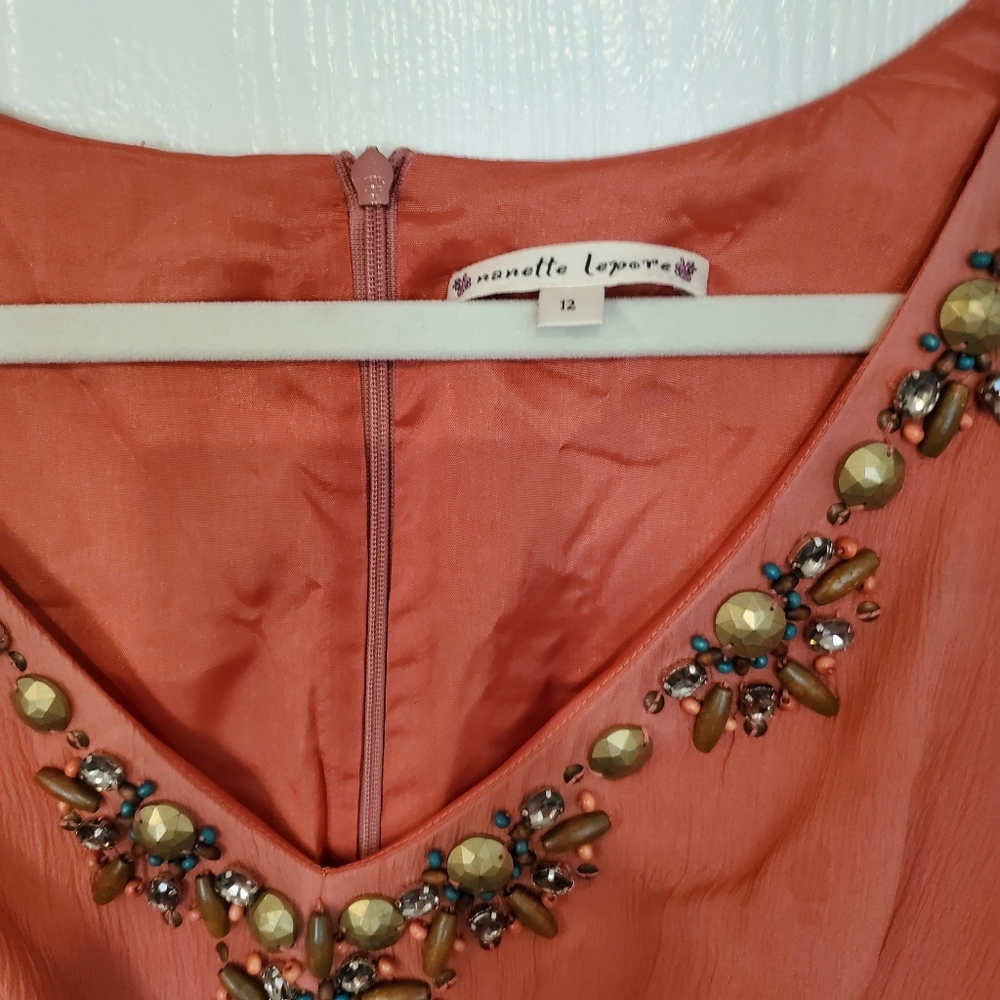 Nanette Lepore Beaded Salmon Orange Pink Top Sz 12 - Picture 2 of 11